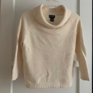 White angora 3/4 sleeve cowl neck sweater